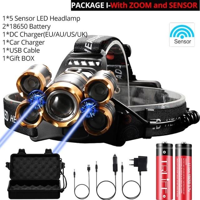 Most Powerful LED Headlight headlamp 5LED T6 Head Lamp Power Flashlight Torch head light 18650 battery Best For Camping, fishing