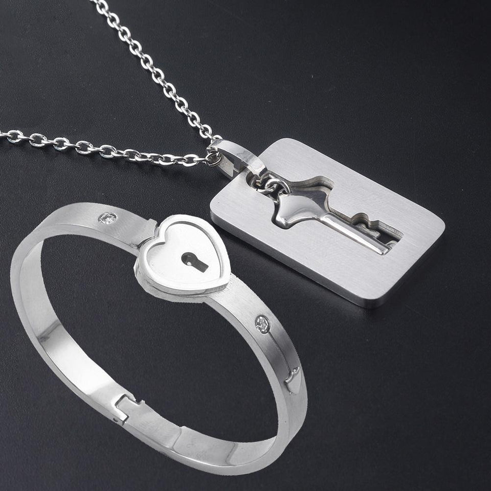 HEART LOCK BRACELET & KEY NECKLACE (Couple) BEST VALENTINE'S MEMORY