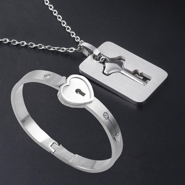 HEART LOCK BRACELET & KEY NECKLACE (Couple) BEST VALENTINE'S MEMORY