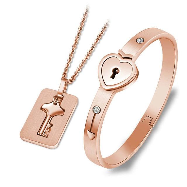HEART LOCK BRACELET & KEY NECKLACE (Couple) BEST VALENTINE'S MEMORY
