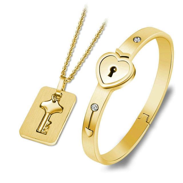 HEART LOCK BRACELET & KEY NECKLACE (Couple) BEST VALENTINE'S MEMORY