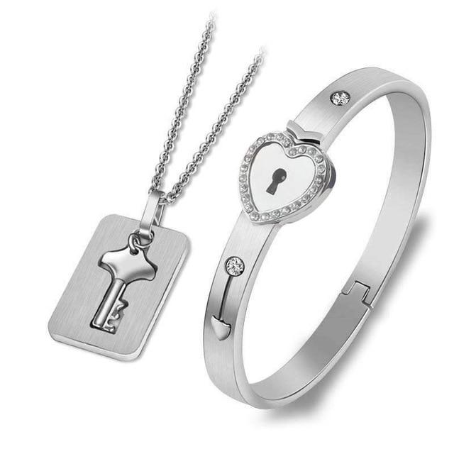HEART LOCK BRACELET & KEY NECKLACE (Couple) BEST VALENTINE'S MEMORY