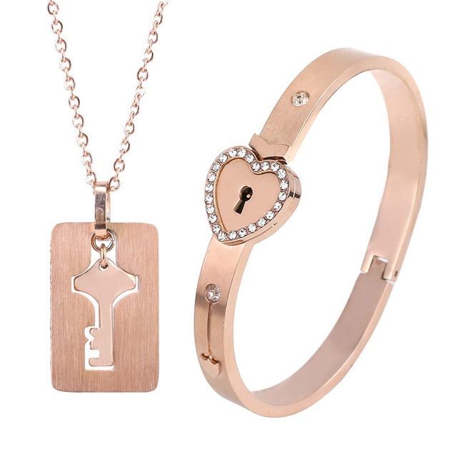 HEART LOCK BRACELET & KEY NECKLACE (Couple) BEST VALENTINE'S MEMORY