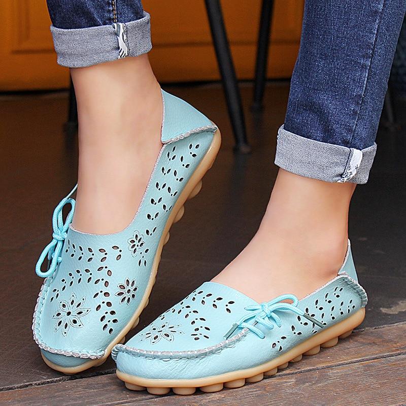Women's Casual Genuine Leather Shoes Woman Loafers Slip-On Female Flats Moccasins Ladies Driving Shoe Cut-Outs Mother Footwear